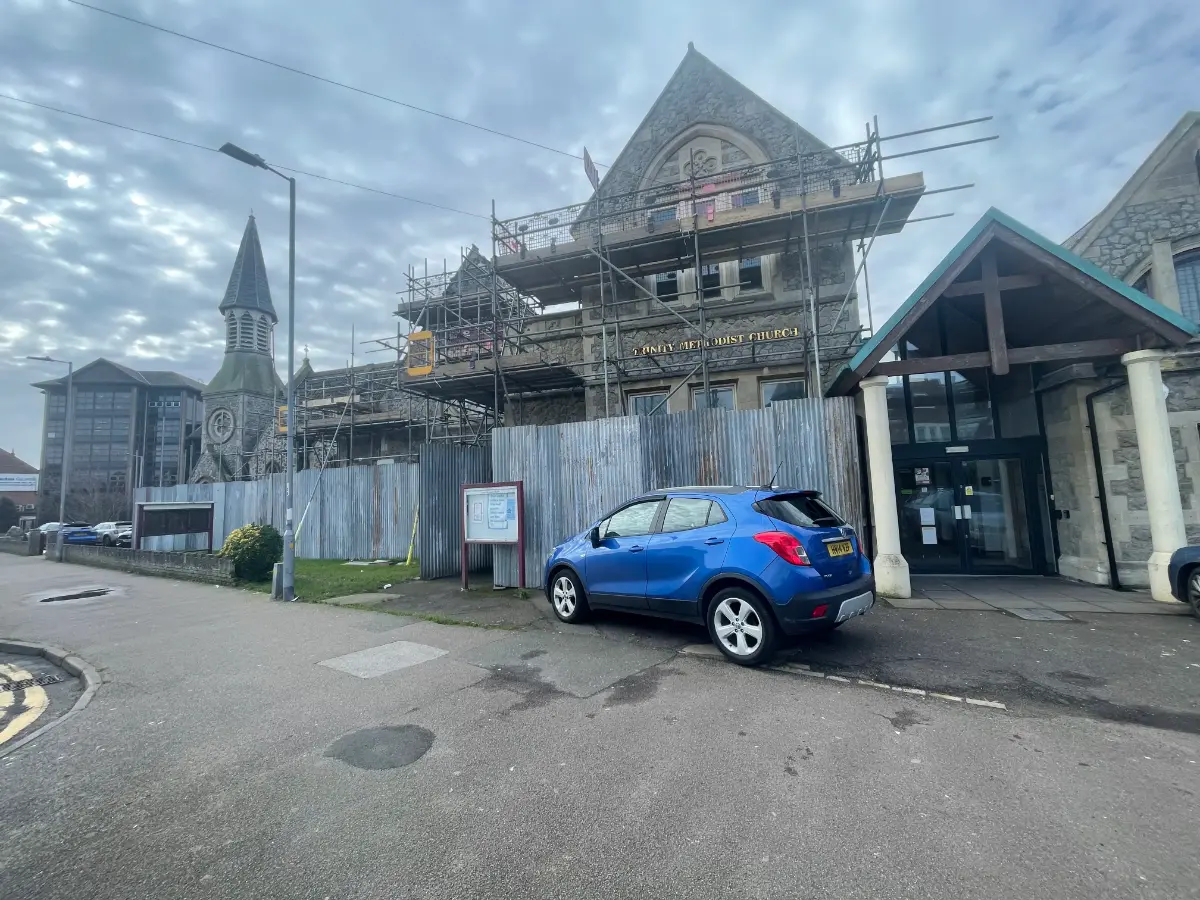 A photo of the rear exterior of Trinity Methodist Church in Clacton, with repairs undertaken by Whitworth