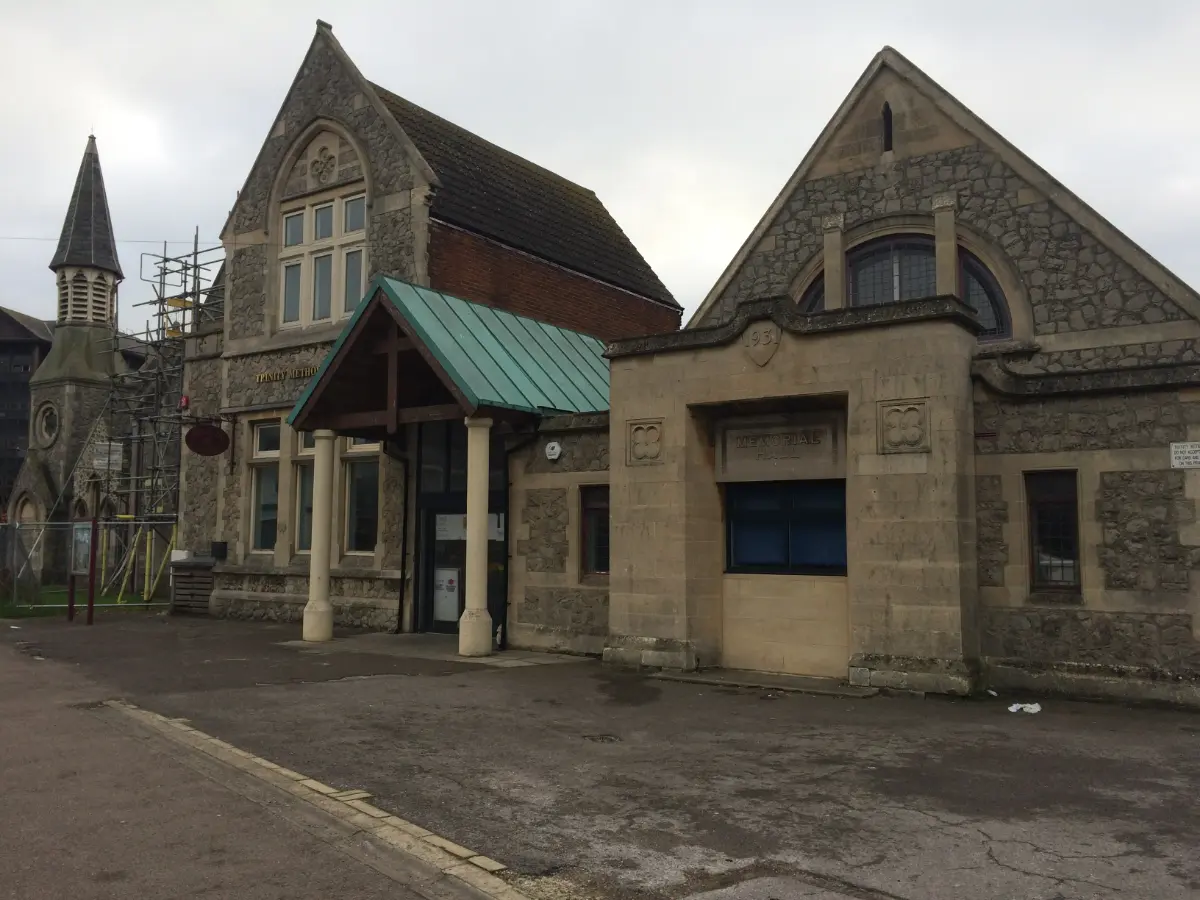 A photo of the rear exterior of Trinity Methodist Church in Clacton, with repairs undertaken by Whitworth