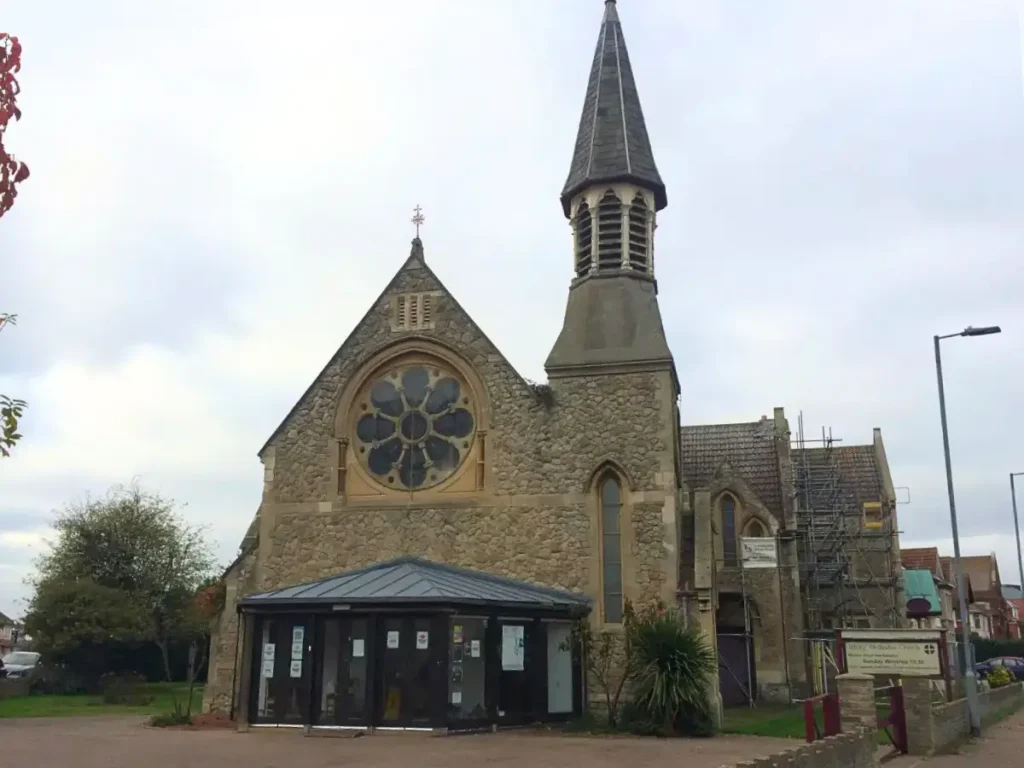 A photo of the front exterior of Trinity Methodist Church in Clacton, with repairs undertaken by Whitworth